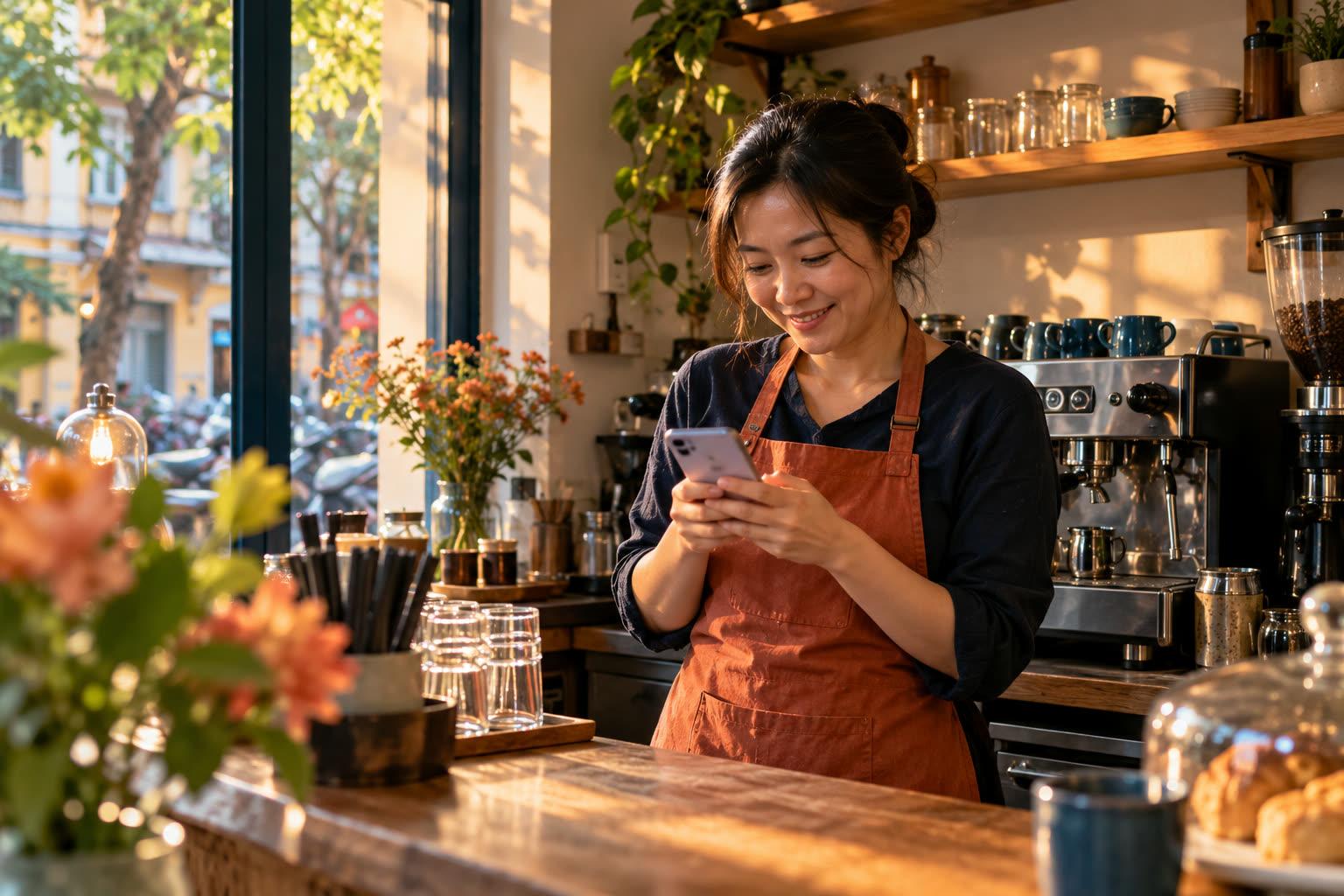 Chủ một tiệm cà phê nhỏ đứng sau quầy, mỉm cười nhìn điện thoại