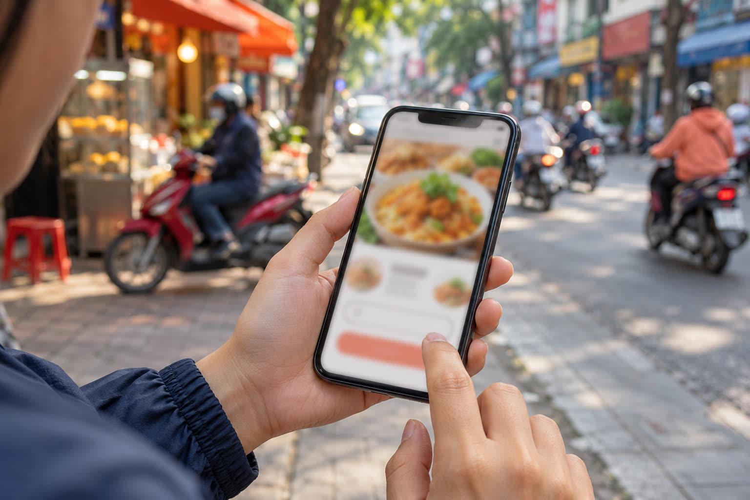 Bàn tay cầm điện thoại đang mở một trang bán hàng trên vỉa hè
