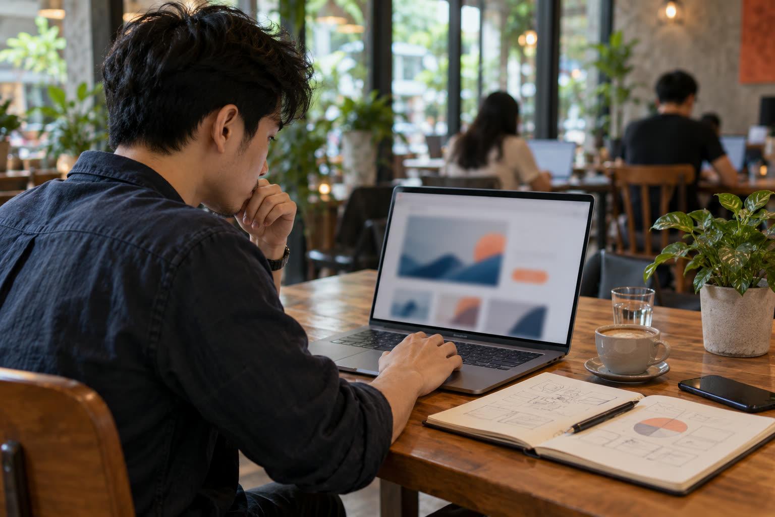 Một người làm thiết kế tự do ngồi trong quán cà phê, laptop mở một trang web