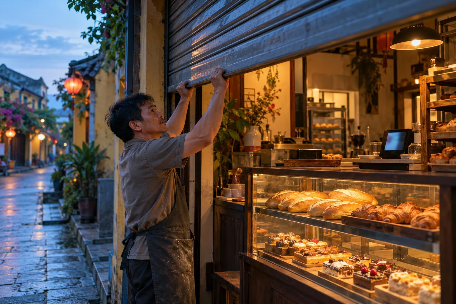 Chủ một tiệm bánh kéo cửa cuốn lên lúc sáng sớm, tủ kính bánh sáng đèn