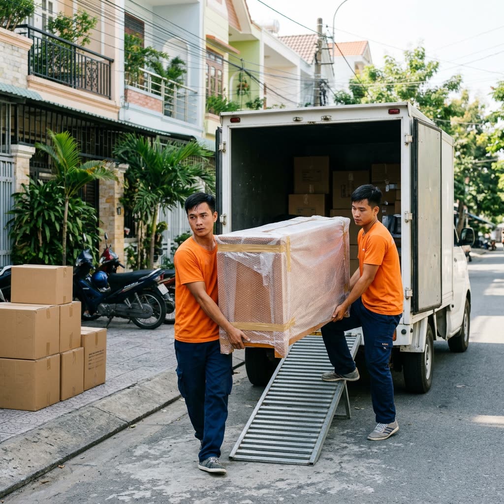 Nhân viên khiêng thùng đồ lên xe tải trước nhà