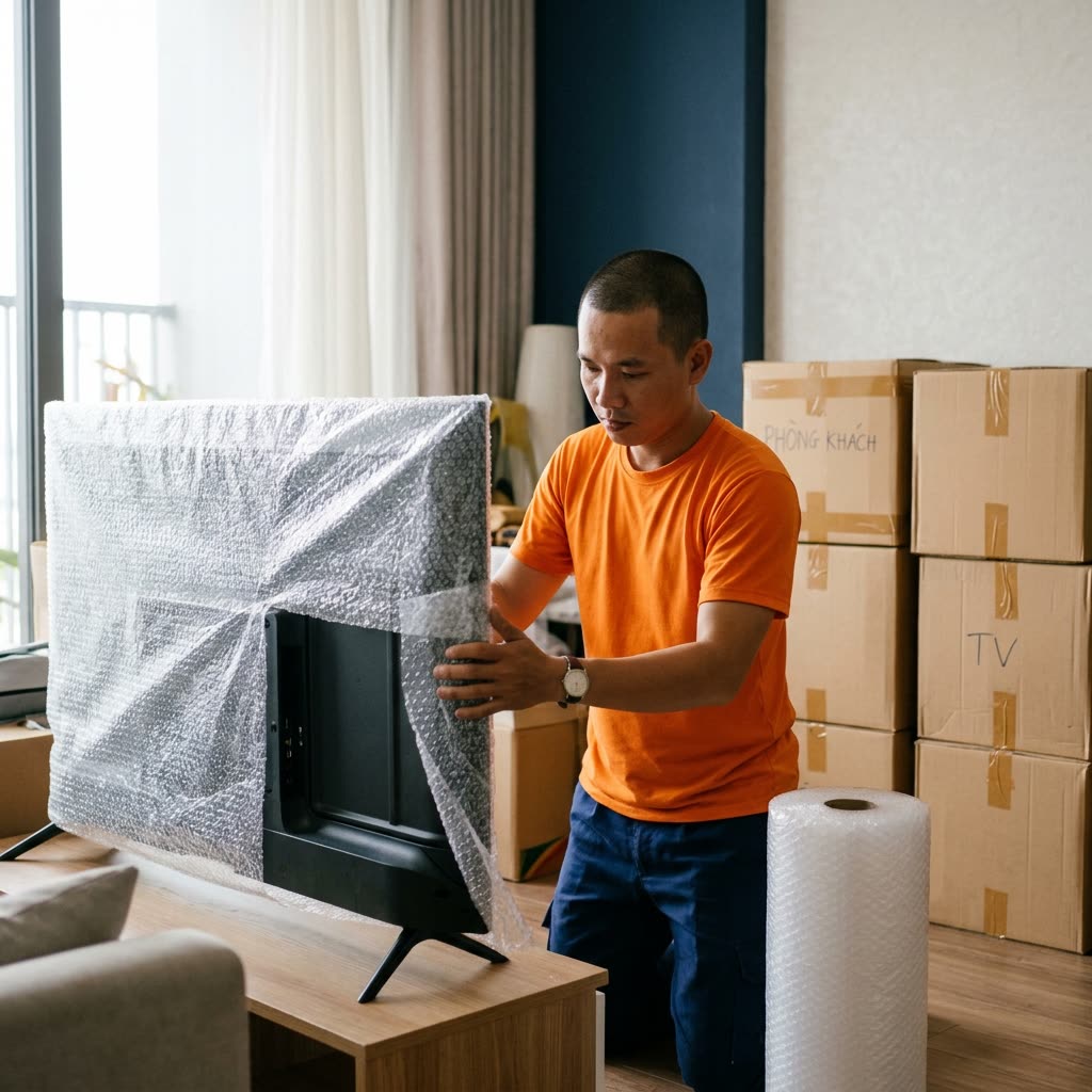 Nhân viên bọc màng xốp cho tivi trước khi chở đi