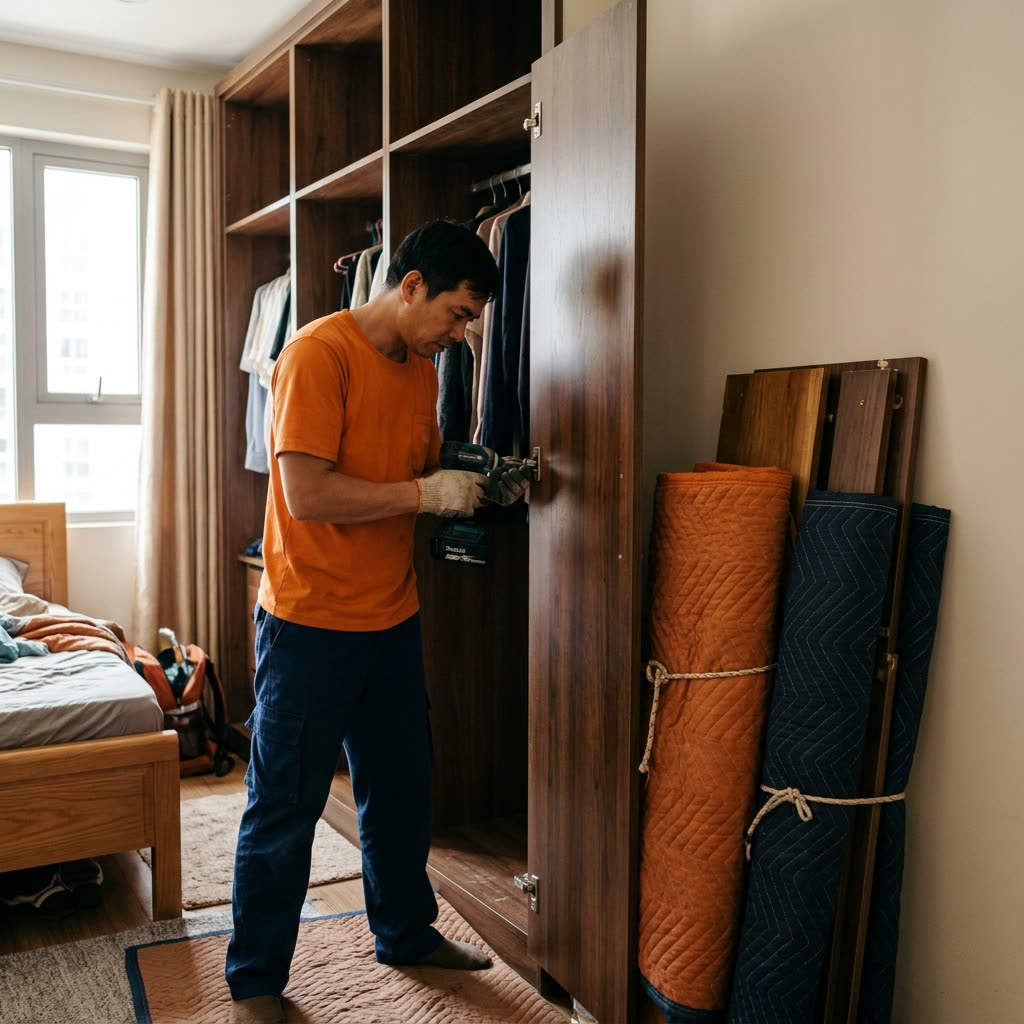 Nhân viên tháo cánh tủ quần áo bằng máy bắt vít