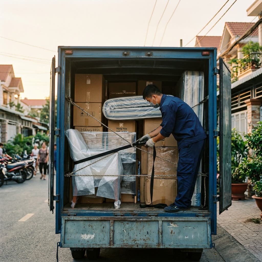 Thùng xe tải xếp đầy đồ đạc đã bọc kỹ