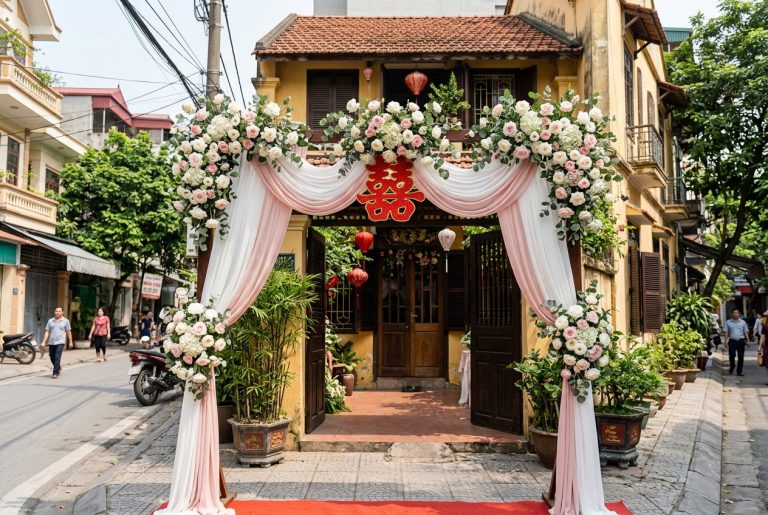 Cổng hoa cưới trước một ngôi nhà phố