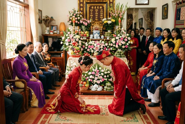Hai gia đình làm lễ gia tiên trong ngày cưới