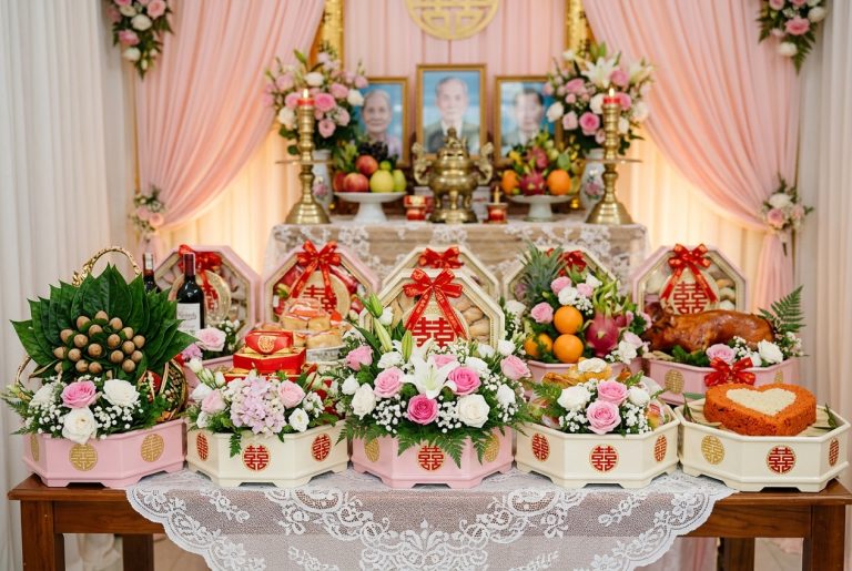 Bàn thờ gia tiên và tráp ăn hỏi phối màu đỏ hồng