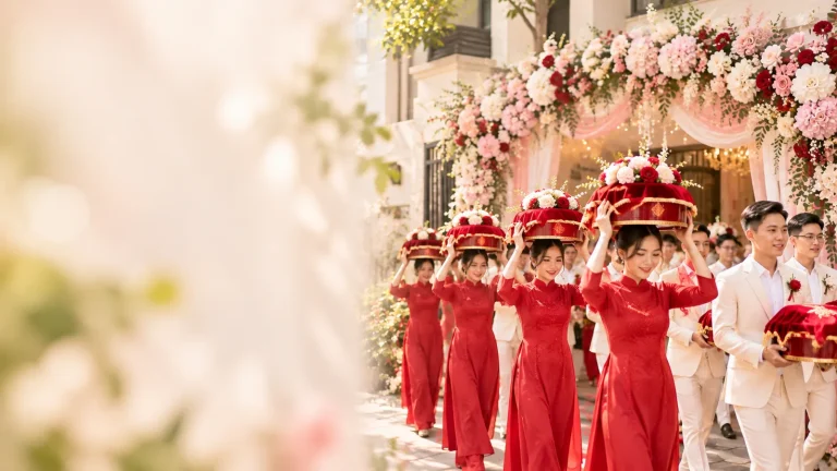 Đội bê tráp nữ áo dài đỏ đi qua cổng hoa nhà gái
