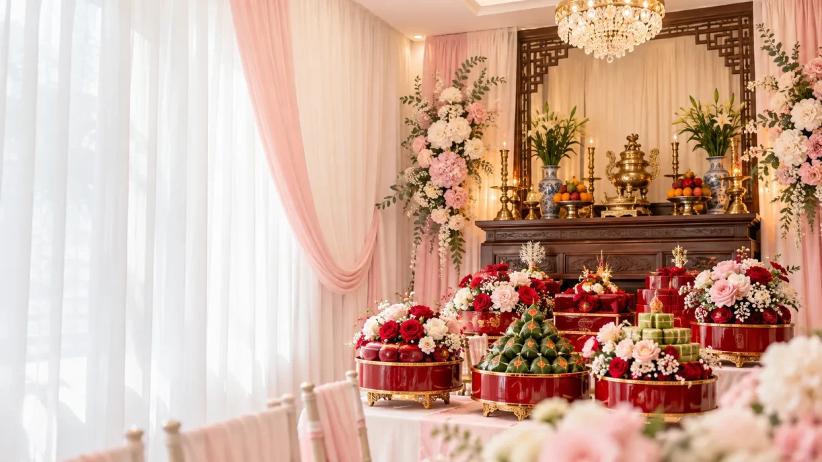 Bàn thờ gia tiên trang trí voan hồng và tráp ăn hỏi đỏ