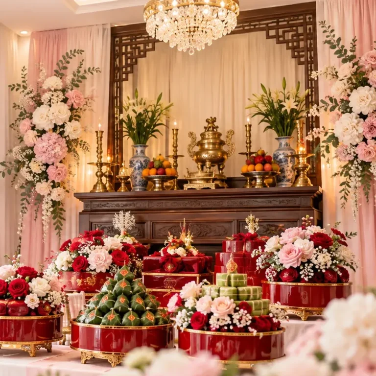 Tráp ăn hỏi 7 lễ trắng ngà hoa tươi