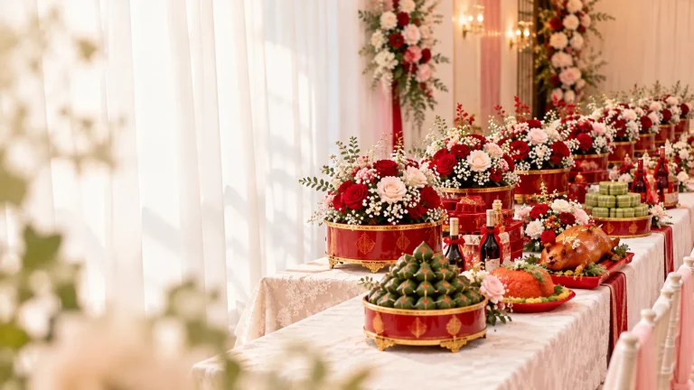 Dãy tráp ăn hỏi sơn mài đỏ trên bàn khăn ren