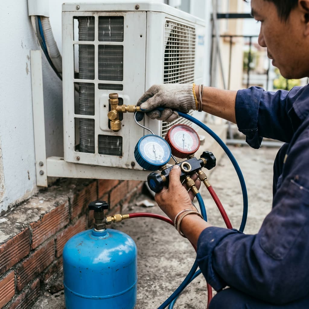 Thợ gắn đồng hồ đo áp suất để bơm ga máy lạnh