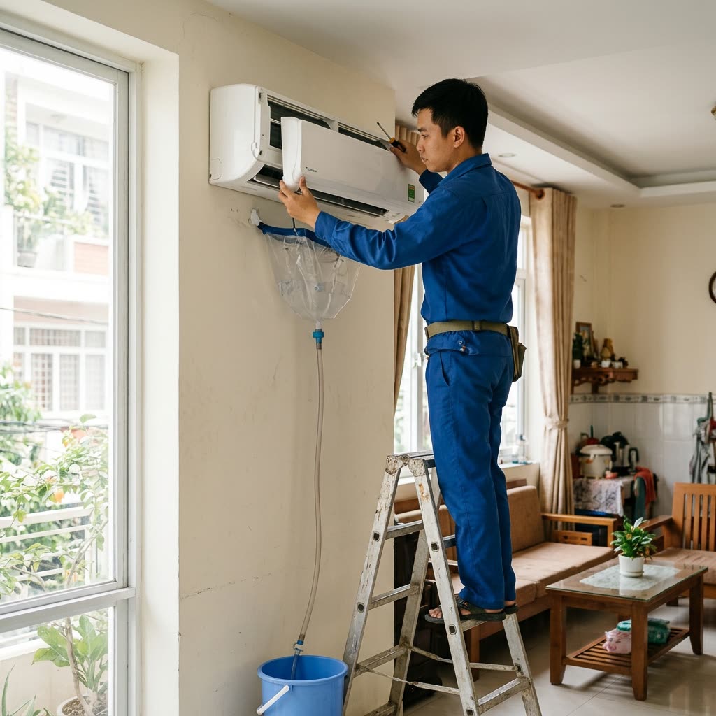 Thợ đang vệ sinh dàn lạnh máy lạnh treo tường