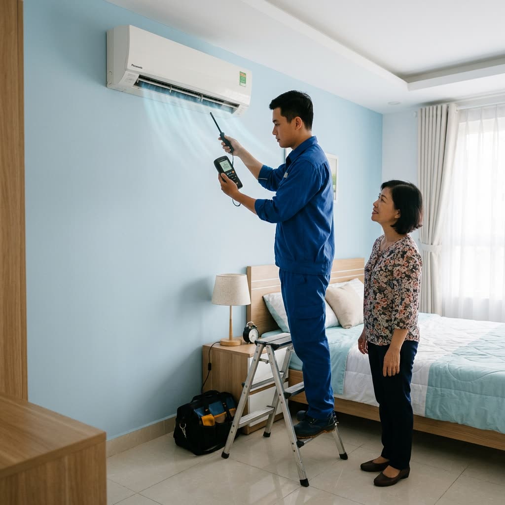 Thợ đo nhiệt độ gió ra của máy lạnh sau khi sửa