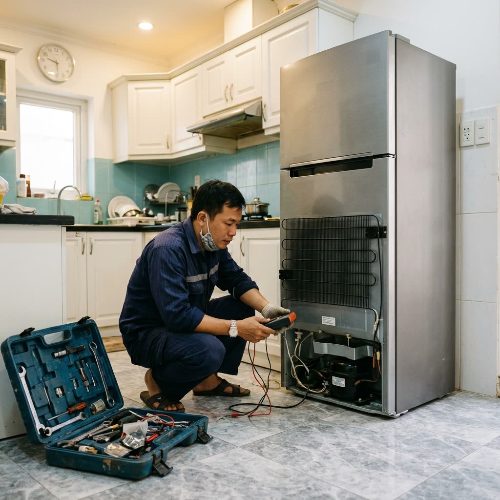 Thợ kiểm tra phía sau tủ lạnh trong bếp