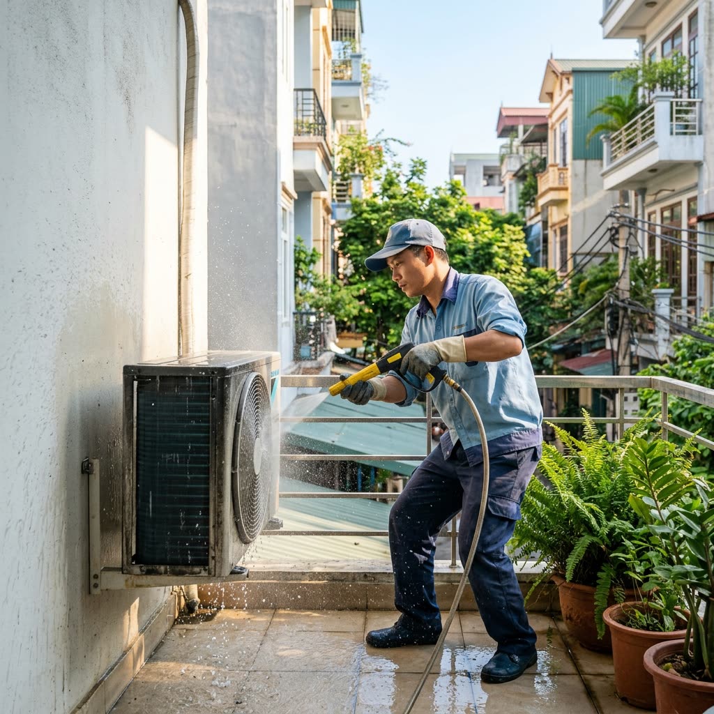 Thợ xịt rửa dàn nóng máy lạnh ngoài ban công