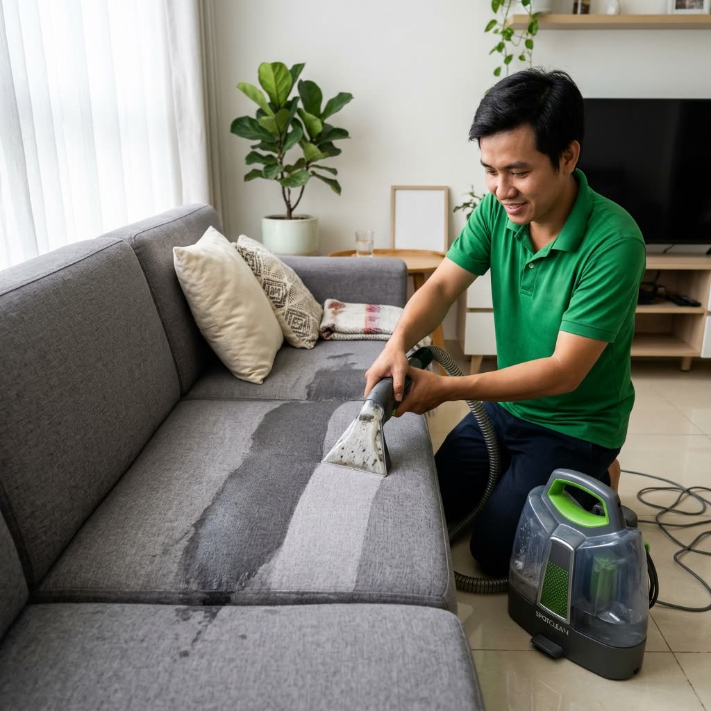 Người làm dùng máy hút để giặt ghế sô pha vải