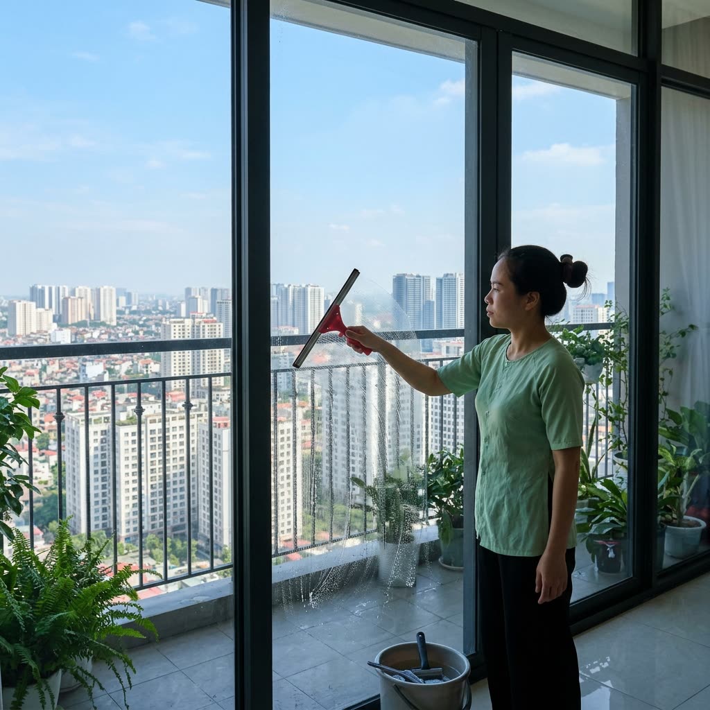 Người làm lau cửa kính ban công chung cư
