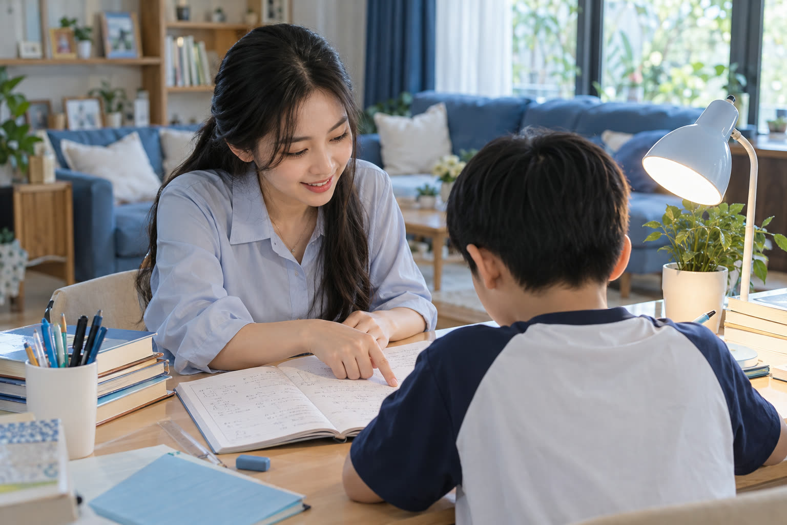 Cô giáo đang giảng bài cho học sinh tại bàn học ở nhà