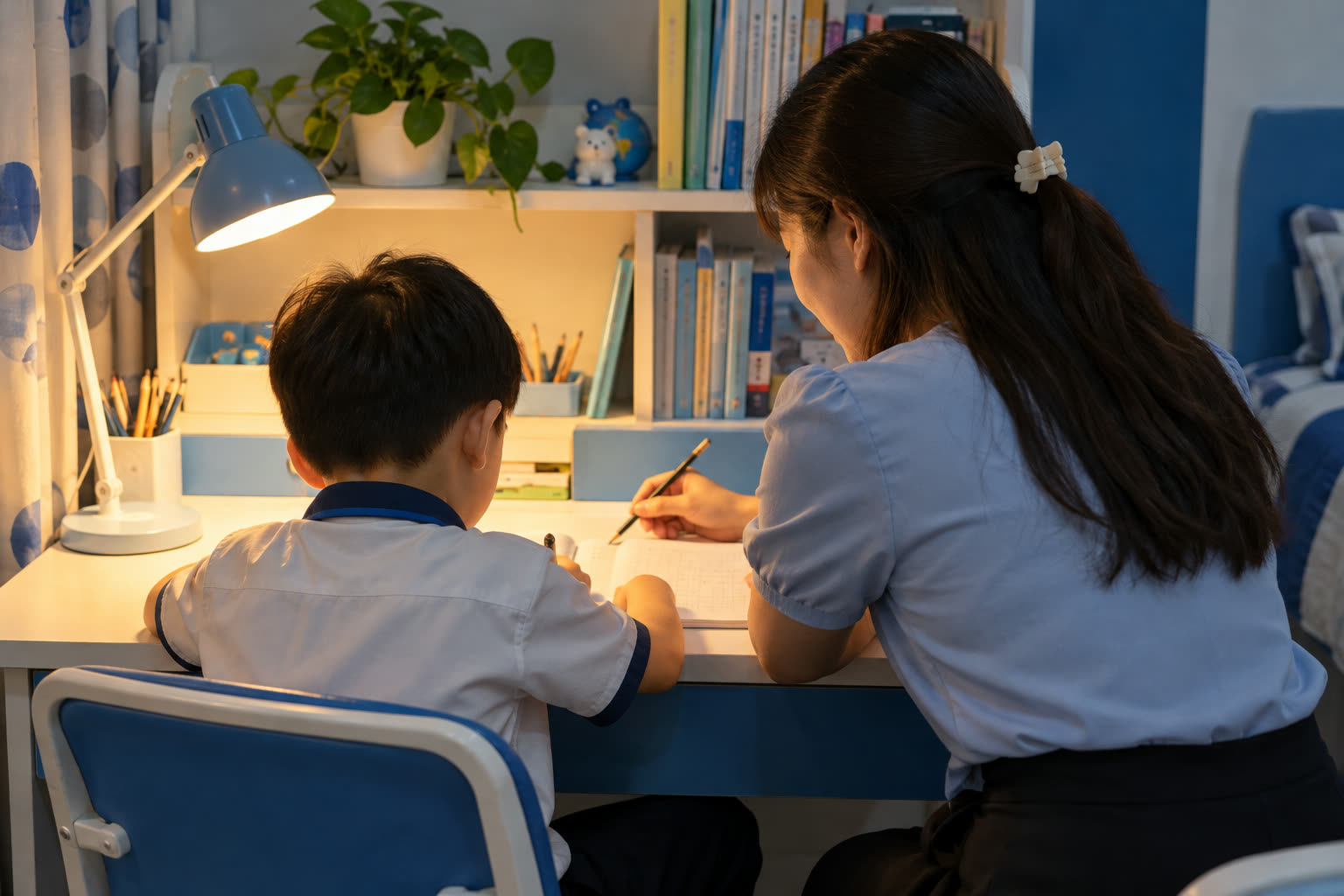 Học sinh tiểu học làm toán, cô giáo ngồi bên cạnh