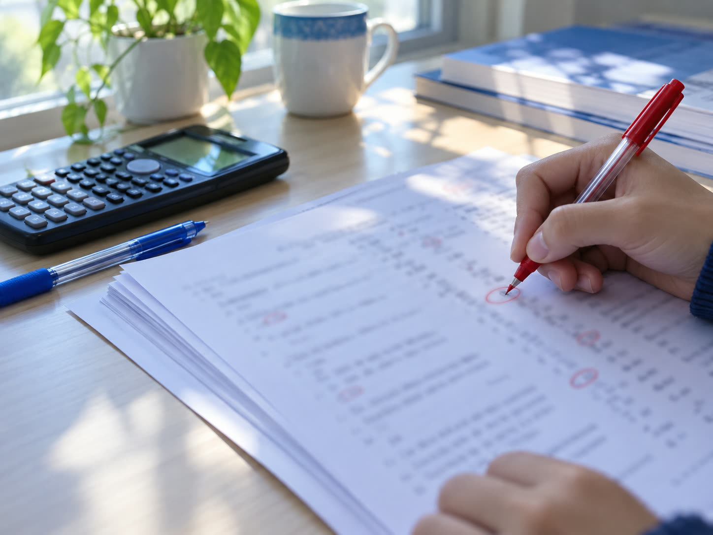 Bàn học có đề thi, máy tính bỏ túi và bút