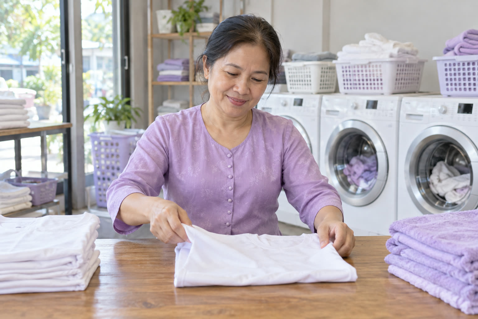 Chủ tiệm đang gấp quần áo đã giặt sạch trên bàn