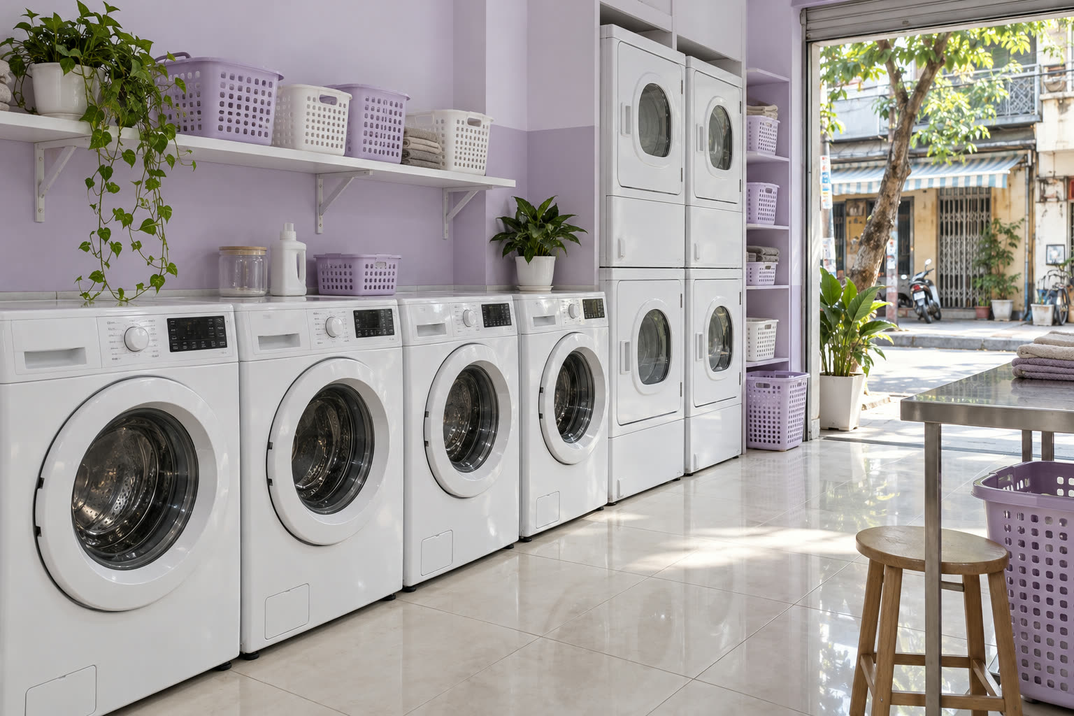 Dãy máy giặt và máy sấy trong tiệm