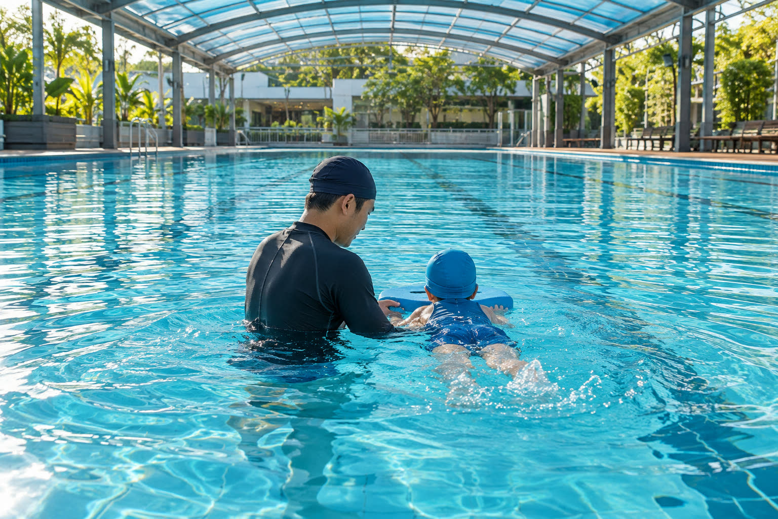 Thầy dạy bơi đứng dưới nước đỡ học viên tập đạp chân