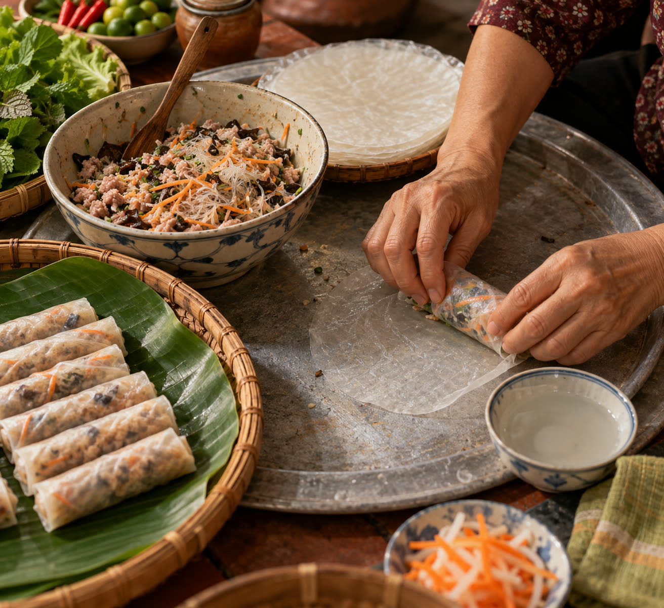 Đôi tay đang cuốn chả giò trên mâm