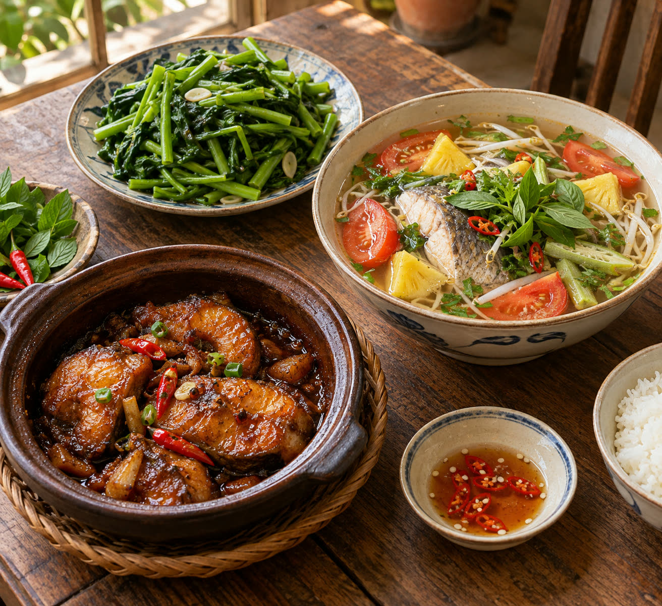 Mâm cơm có cá kho tộ, canh chua và rau luộc