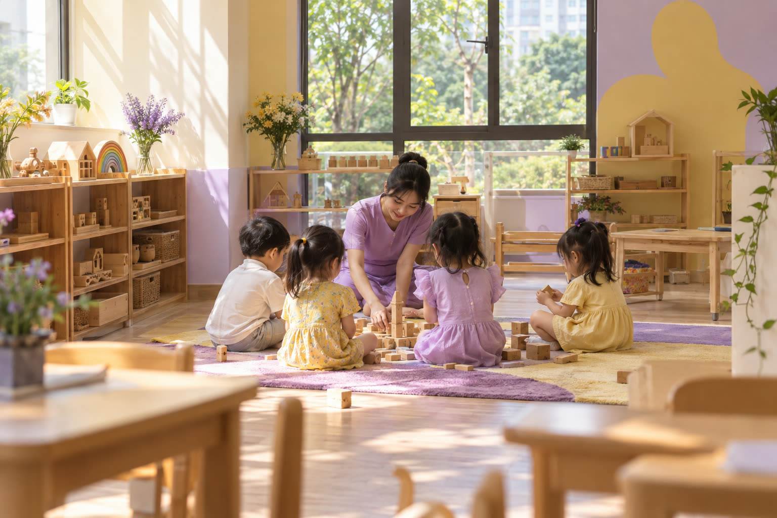 Cô giáo và các bé ngồi chơi xếp hình trên thảm, nhìn từ phía sau