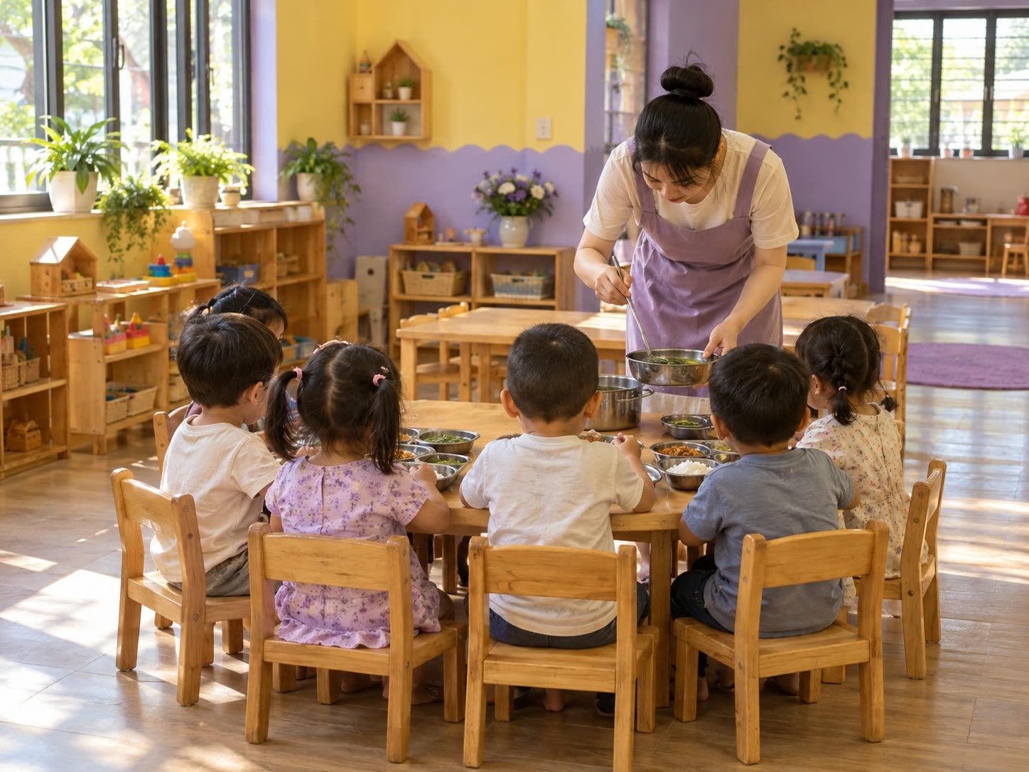 Các bé ngồi ăn trưa ở bàn thấp, nhìn từ xa phía sau