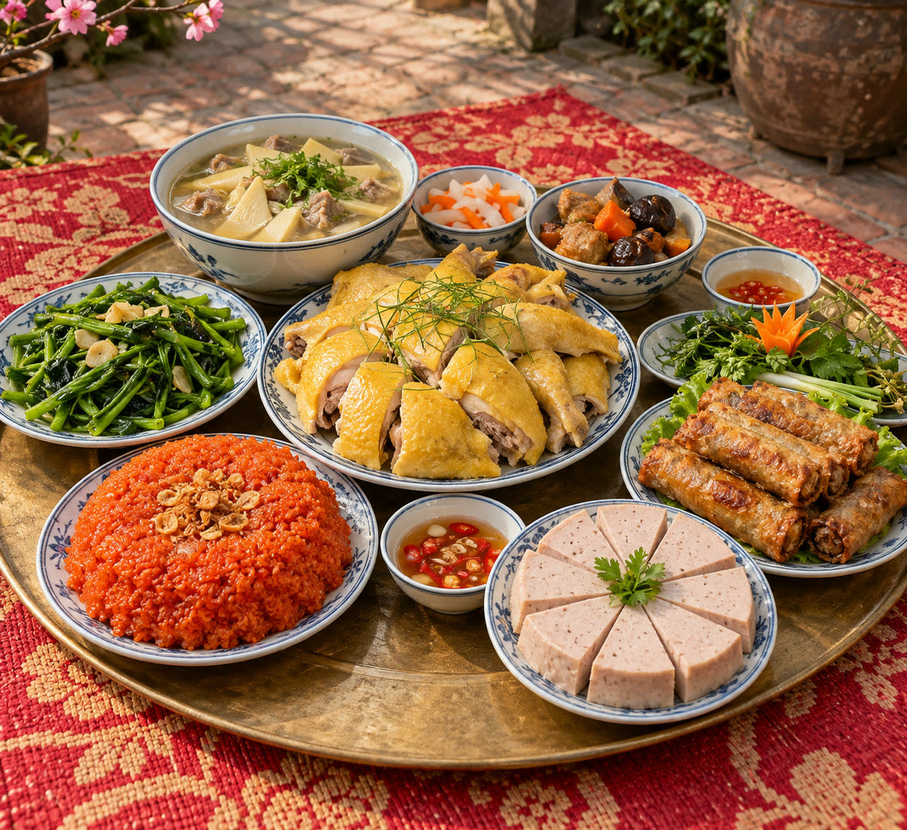 Mâm cỗ truyền thống bày đầy món trên chiếu hoa