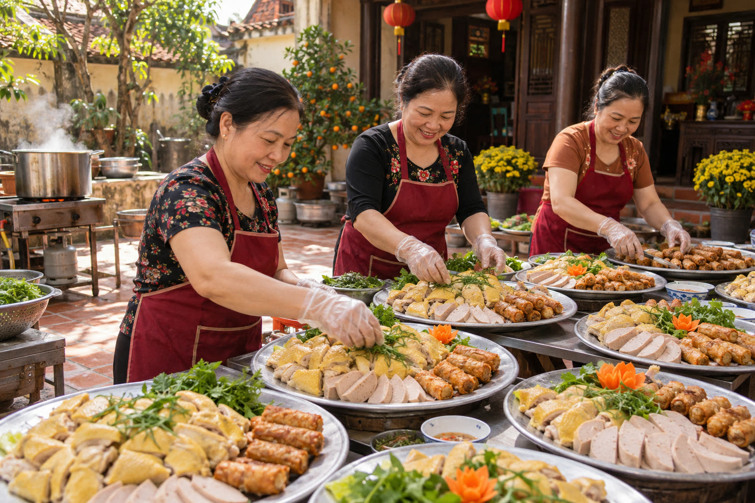 Đầu bếp đang bày món lên mâm trong sân nhà khách