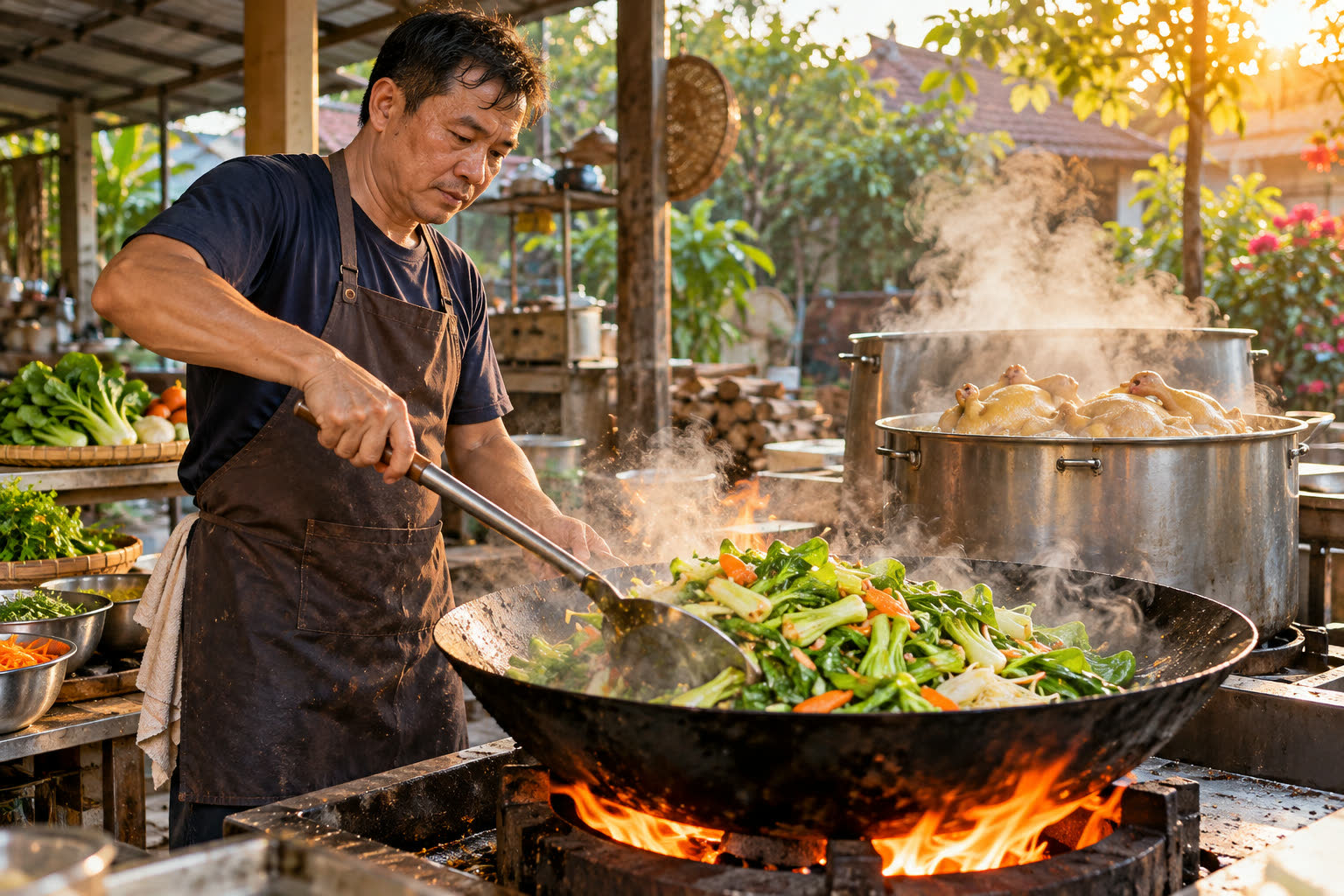 Người nấu đảo chảo lớn trên bếp ga ngoài sân
