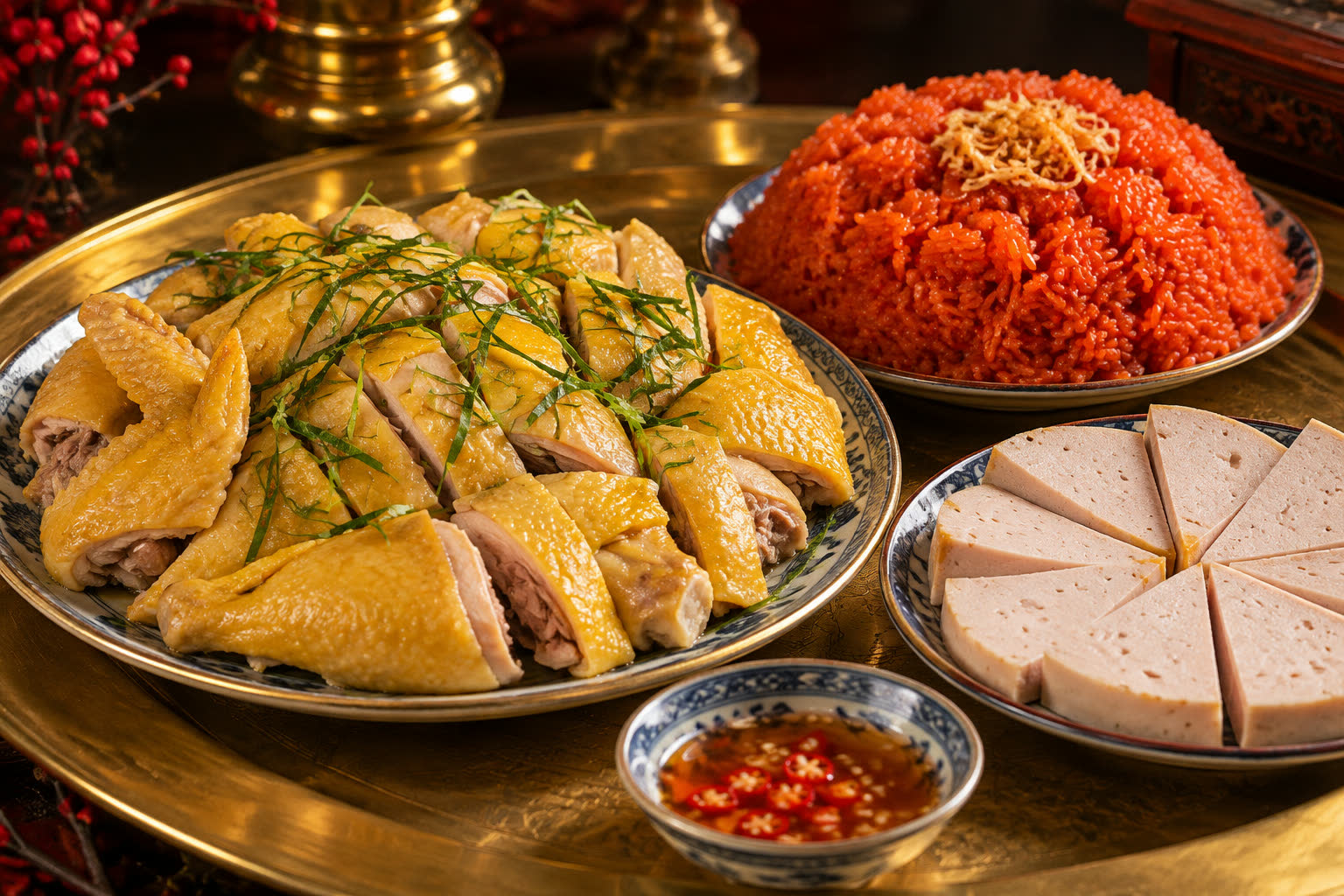 Đĩa gà luộc vàng và đĩa xôi gấc đỏ trên mâm
