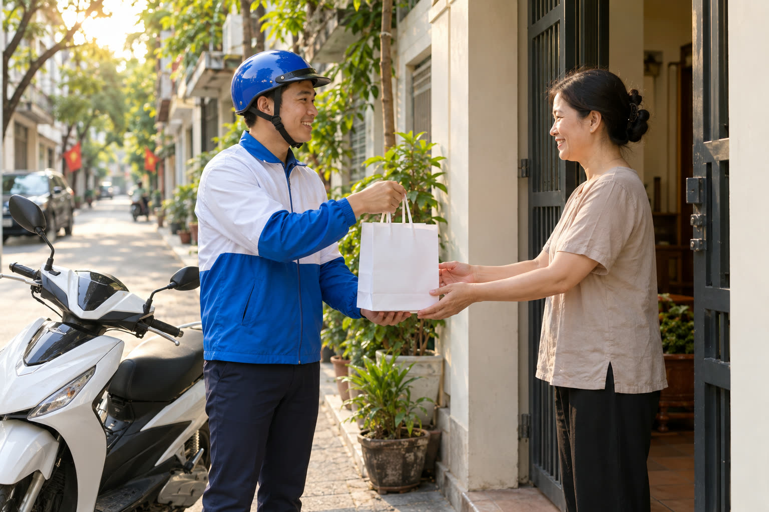 Nhân viên nhà thuốc giao túi thuốc cho khách trước cửa nhà