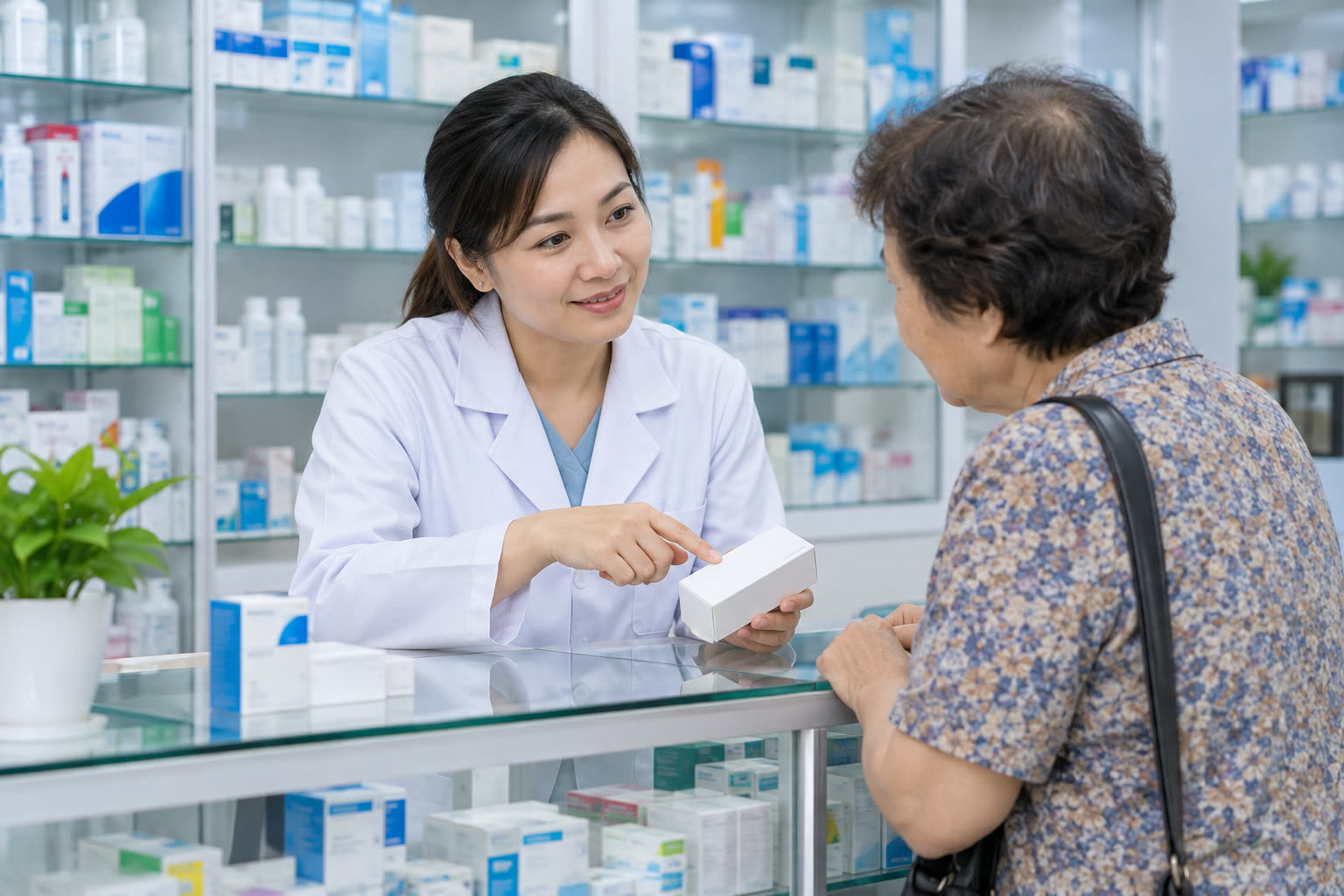 Dược sĩ đứng sau quầy thuốc đang dặn khách cách dùng thuốc