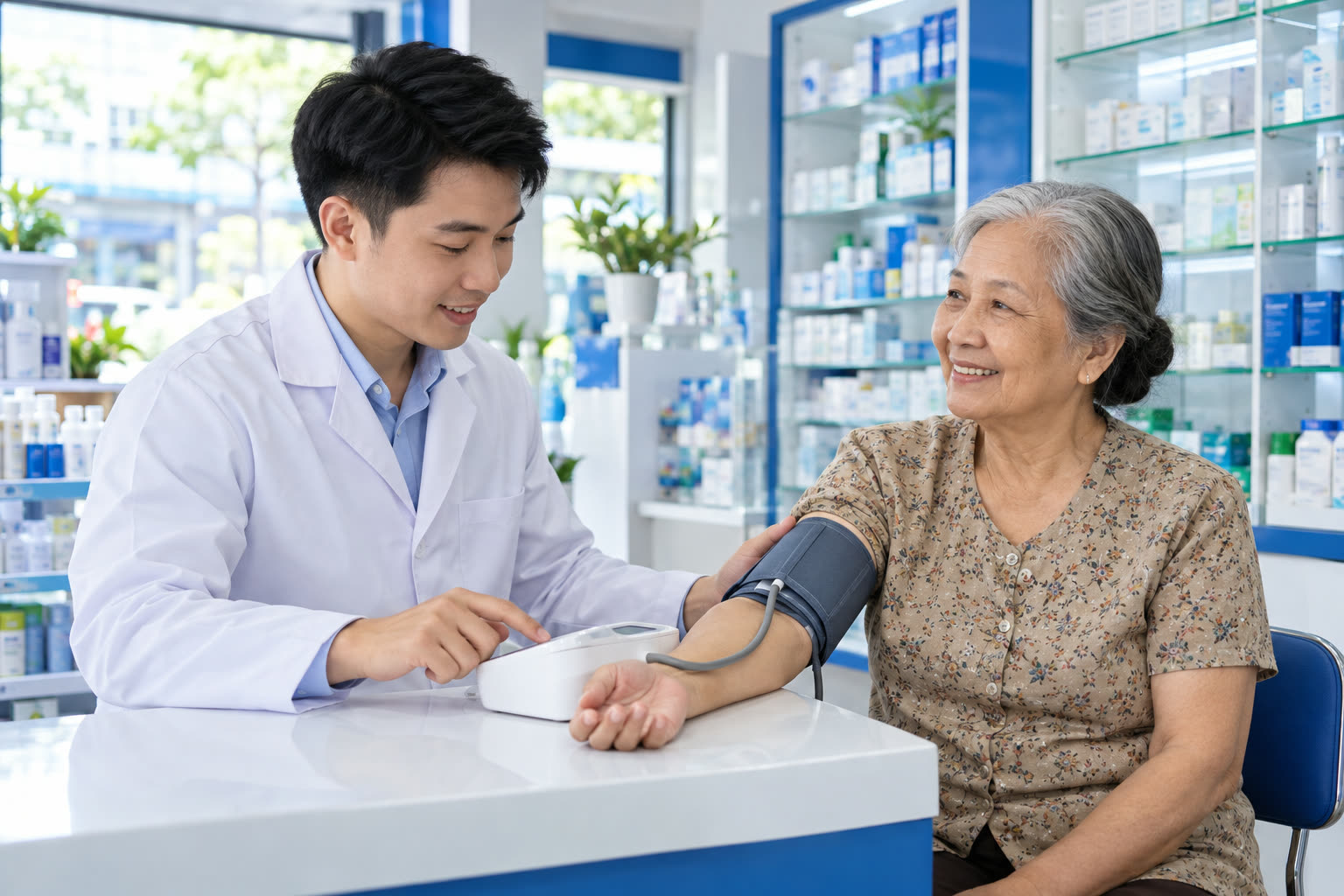 Dược sĩ đo huyết áp cho một bác lớn tuổi tại quầy
