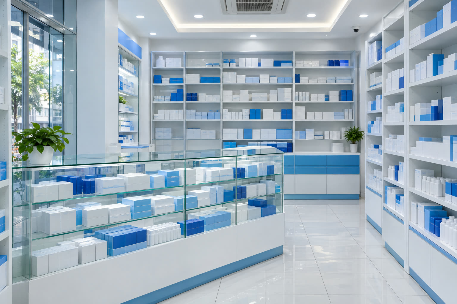 Quầy thuốc sạch sẽ với kệ thuốc xếp gọn