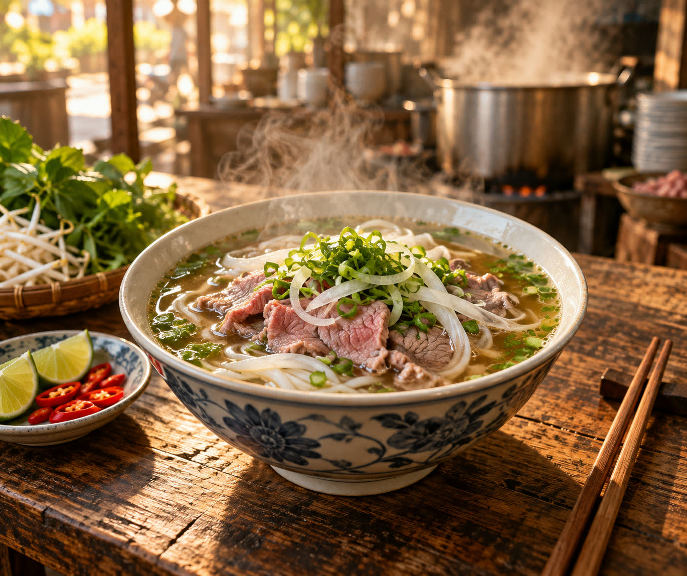 Bát phở bò bốc khói trên bàn gỗ của quán