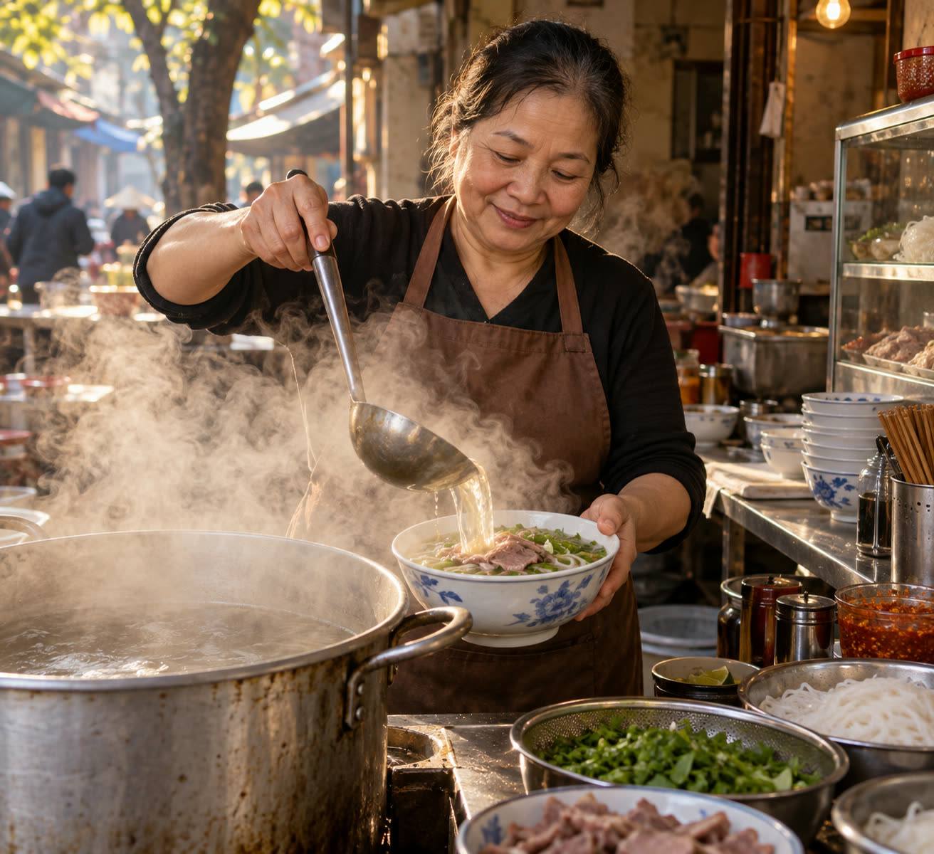 Cô chủ quán chan nước dùng vào bát phở cho khách