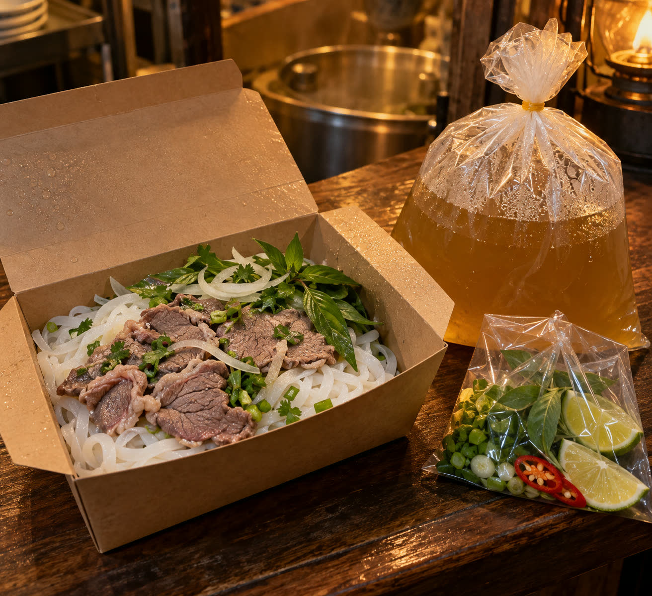 Phần phở mang về với nước dùng đựng riêng