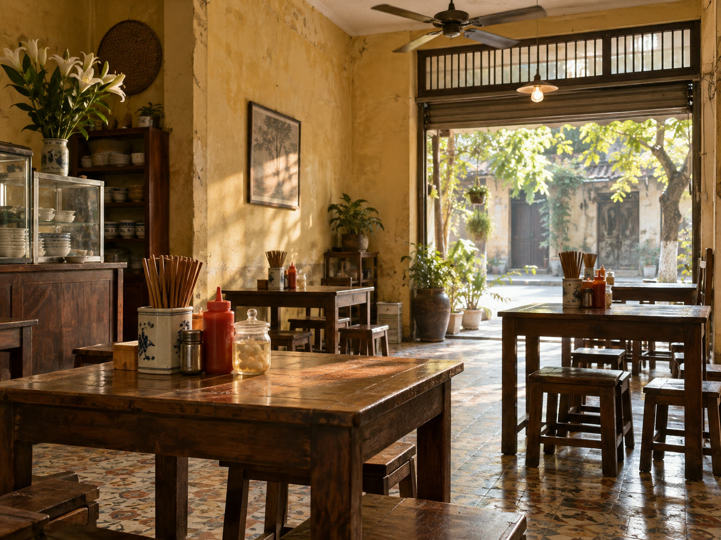 Bên trong quán phở với bàn gỗ và ghế đẩu