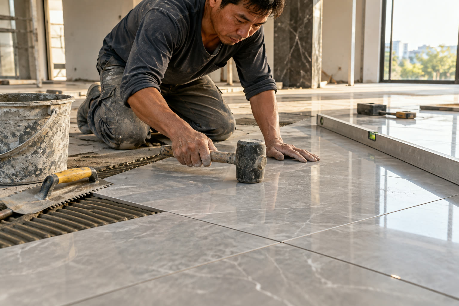 Thợ lát gạch nền phòng khách
