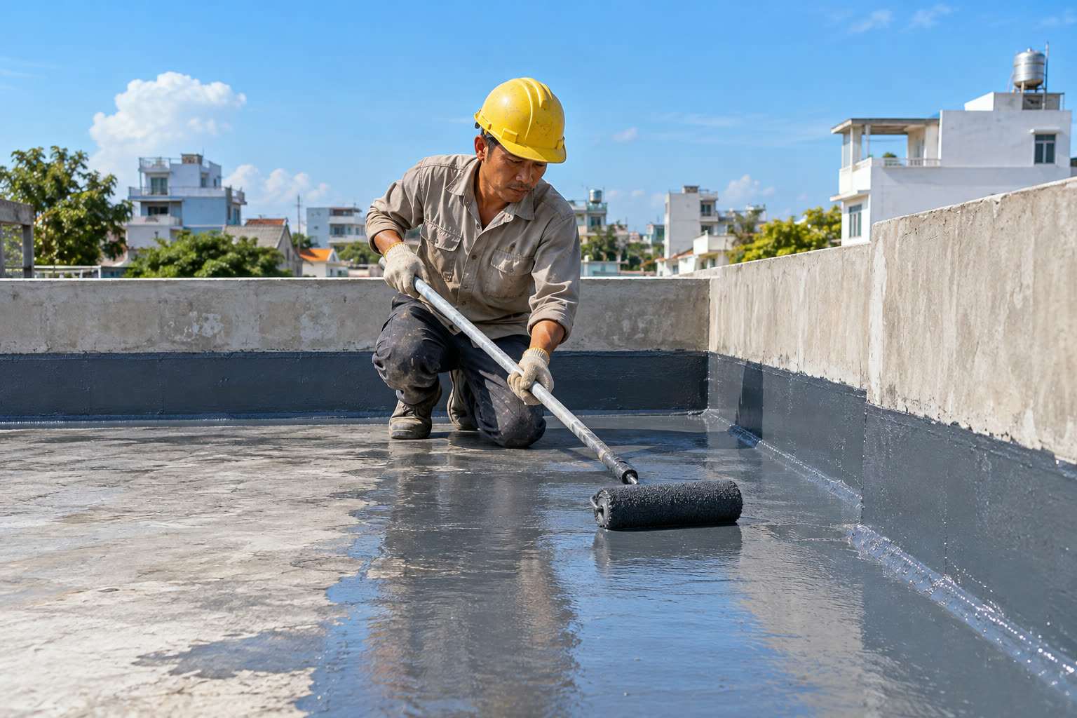 Thợ quét lớp chống thấm trên sân thượng