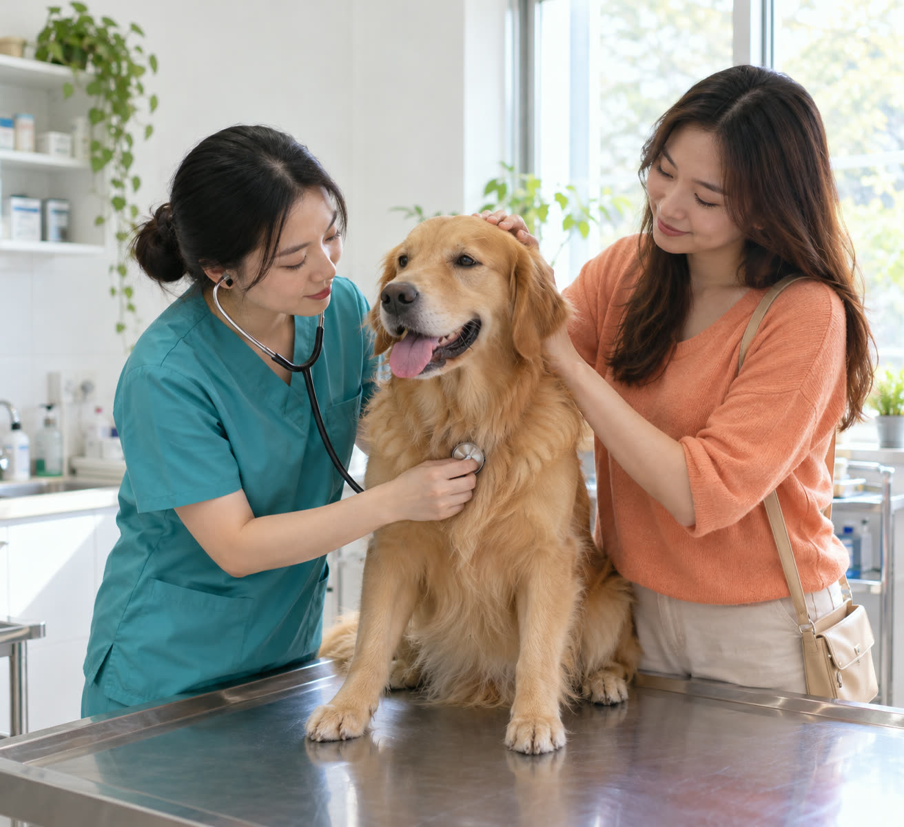 Bác sĩ thú y đang khám cho một chú chó trên bàn khám
