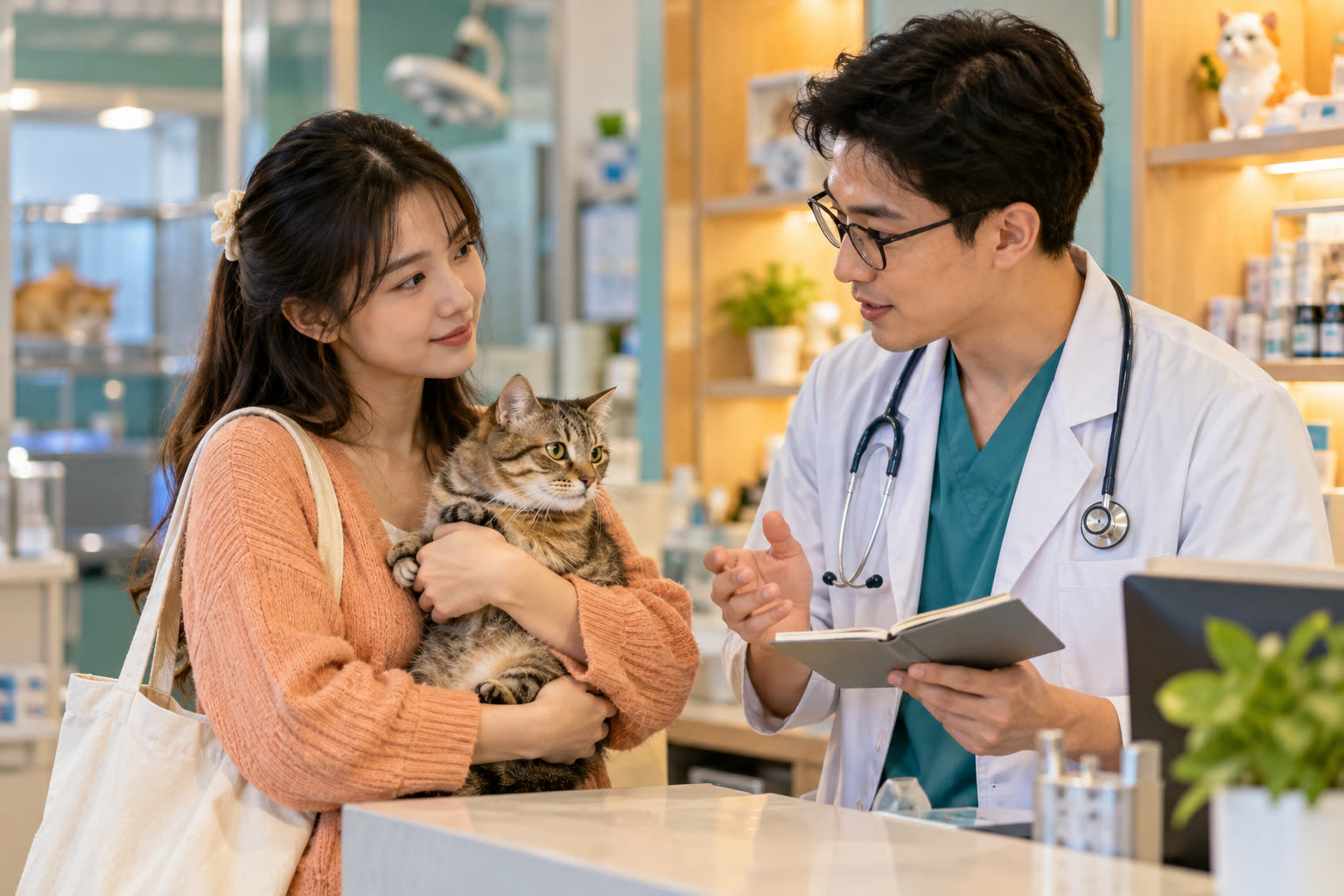 Chủ mèo bế mèo nghe bác sĩ dặn dò sau khi khám