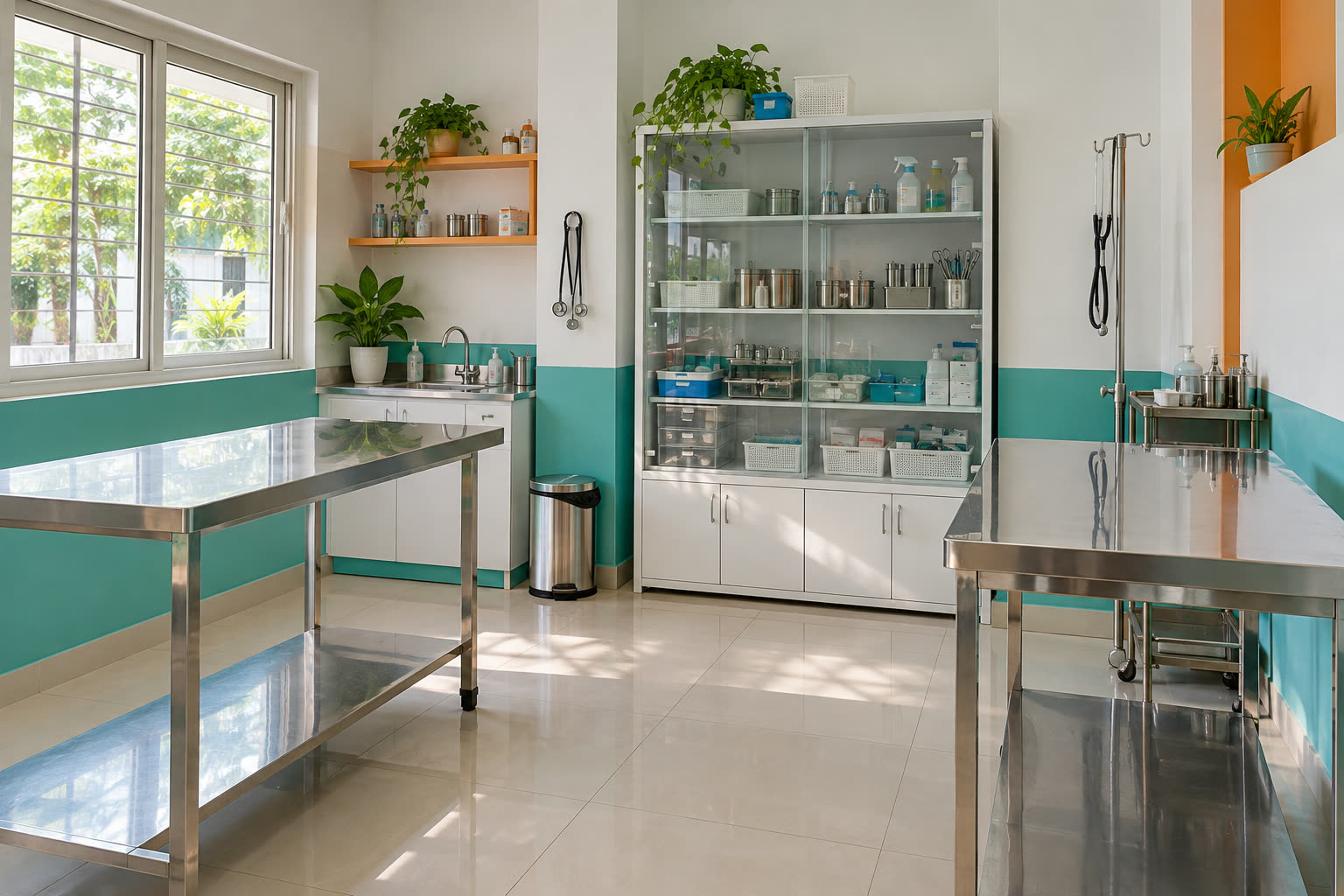 Phòng khám sạch sẽ với bàn khám inox và tủ dụng cụ