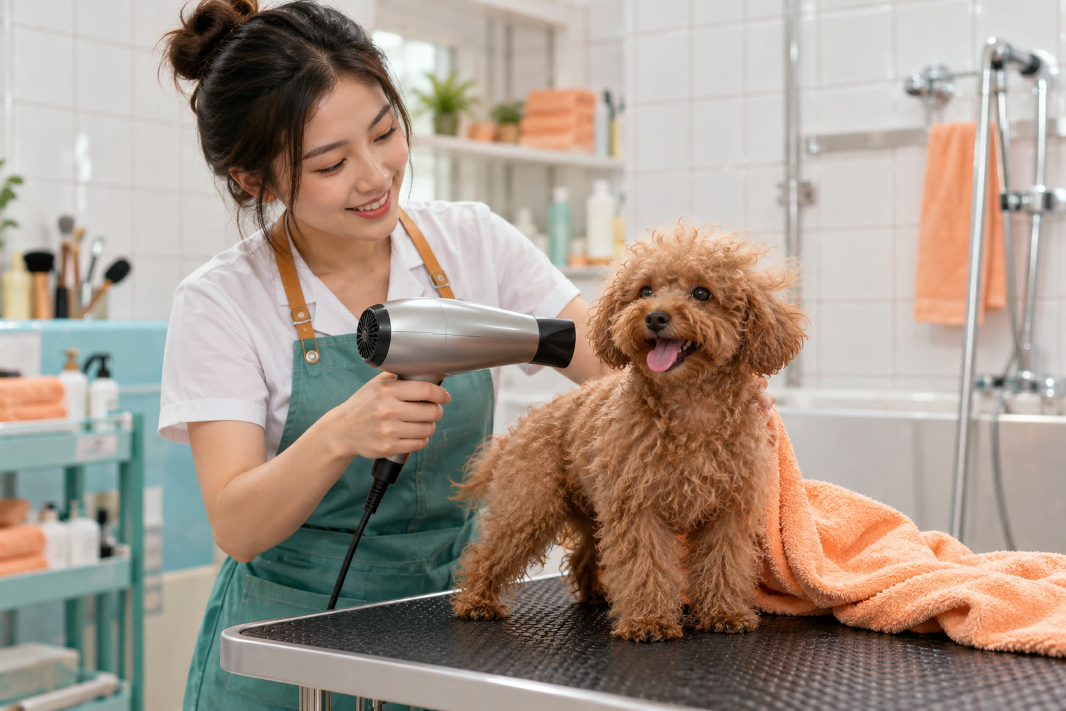 Nhân viên đang sấy lông cho chú chó nhỏ sau khi tắm